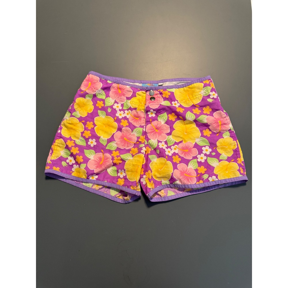 Vintage Kids Tropical Hibiscus Floral Board Shorts Purple Yellow Swim Trunks